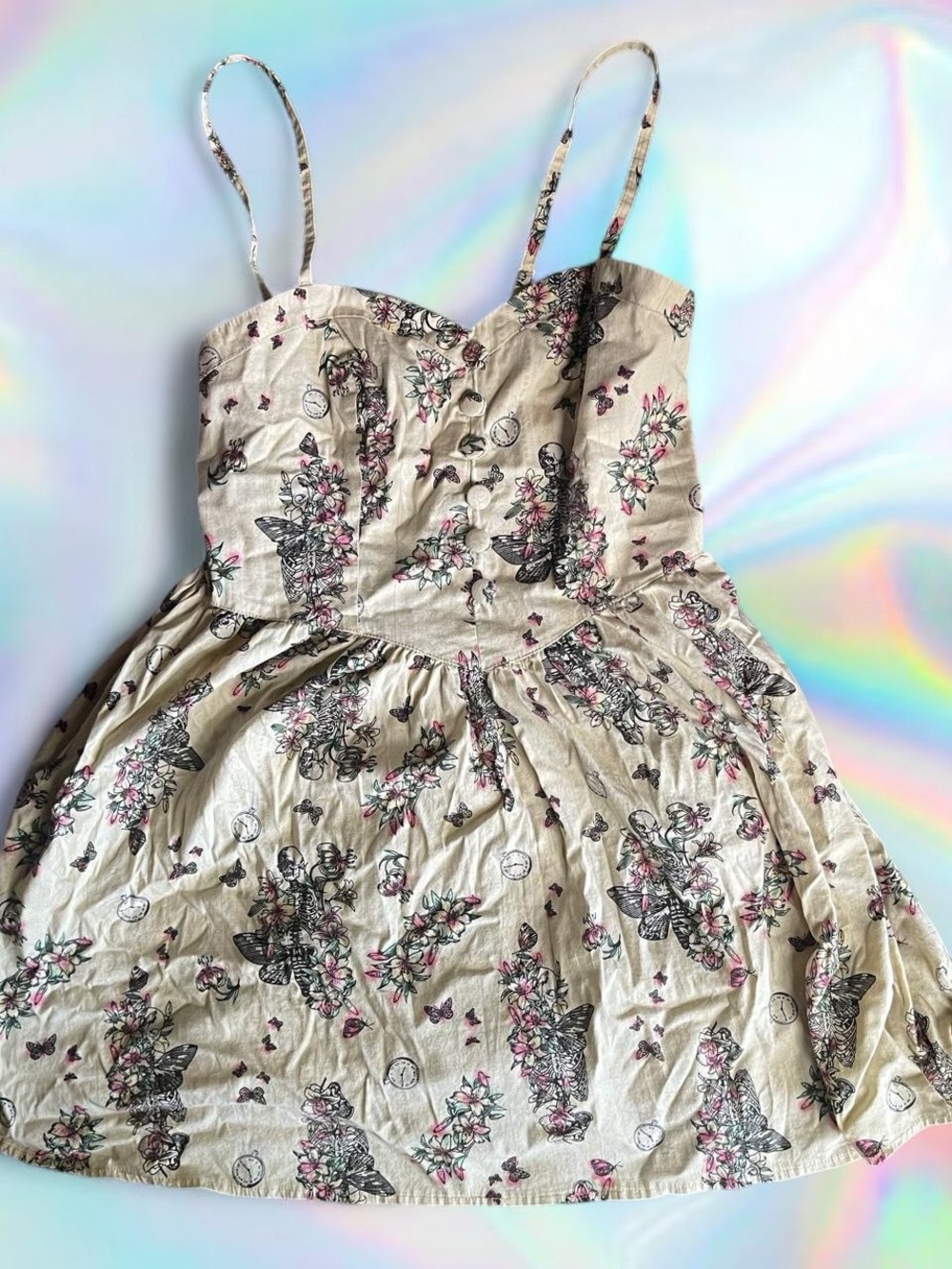 Cream Floral Sundress with skeletons and Pink Accents